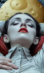 a person laying on its side with the head on her hands