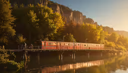 the train goes over the bridge on the river,a red train going across a bridge over water