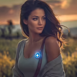a beautiful young woman holding a camera near a field