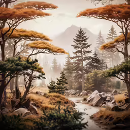 landscape with pine trees and creek surrounded by rocks and grass