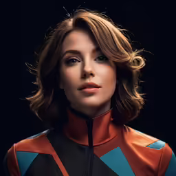 a woman in a blue and black jacket with her eyes closed