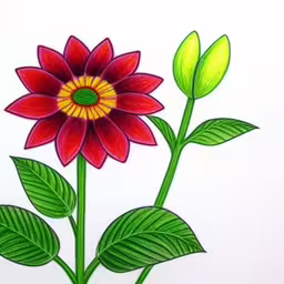 three colored drawings of flowers with green stems