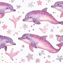 watercolor dolphin with starfish in pink, purple and white