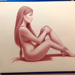 a drawing of a woman sitting on the ground,a drawing of a naked girl sits with her legs spread out
