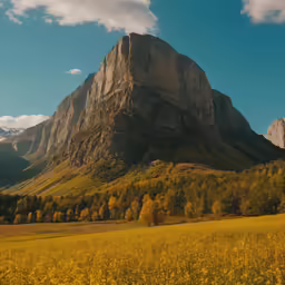 a majestic mountain landscape has gold and yellow flowers