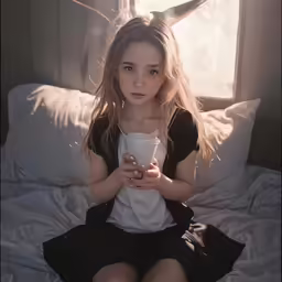 the small girl is sitting on her bed holding a cup