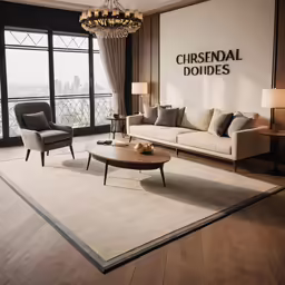 a living room with sofa, chair, table and tv on the wall