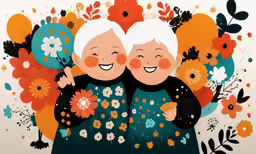 two old women wearing floral patterned outfits hugging