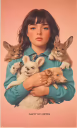a woman in blue shirt holding four puppies