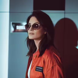 a woman standing against a wall wearing sunglasses