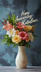 a vase full of fresh cut flowers that reads happy anniversary kartday