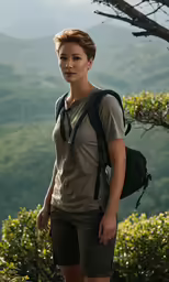 a young woman wearing a backpack poses on the edge of a cliff
