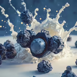 an explosion of small balls floating and crashing on top of white, icy rocks