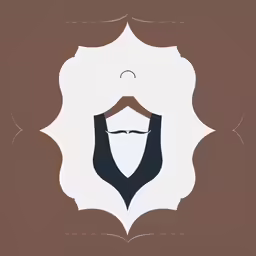 the beard and mustache of an old man, is depicted against a brown and white square