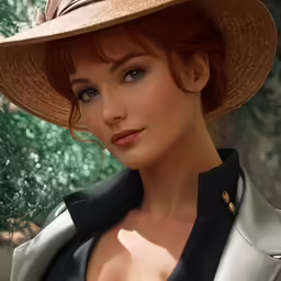 a woman with a large hat looks at the camera