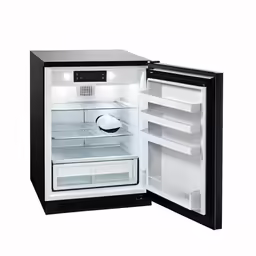an open refrigerator with both the doors and two shelves, it is showing the door opened