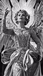 a black and white photo of a woman in angel costume