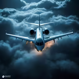 an airplane flies through a cloudy sky