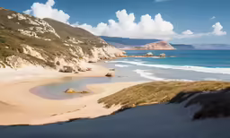 a sandy beach and shoreline, in the ocean