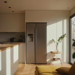 a room with a couch, chair, refrigerator and window