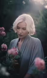 woman standing near flowers looking at pink roses
