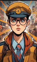 the man with glasses, coat and tie in front of a city,a man in glasses is wearing a hat and tie