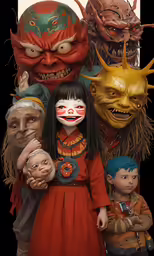 an assortment of evil creature head dolls are posed on top of one another