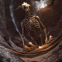 a skeleton on rocks sitting on the ground