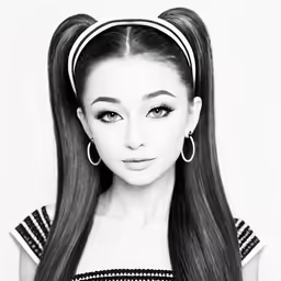 black and white portrait of a young asian girl with long hair, wearing a striped top and earrings