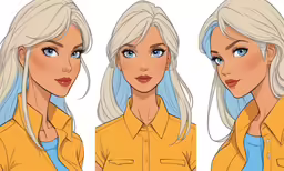 a white haired woman with blue eyes and blond hair