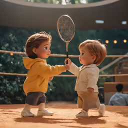 two dolls, one with an old tennis racquet one is younger