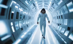 a person in a white outfit in a hallway