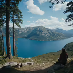 a person sits in front of a mountain looking over the water
