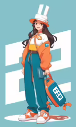 the character is an anime with long dark hair, orange shirt and blue jeans