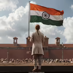 a woman standing under a flag on top of a street