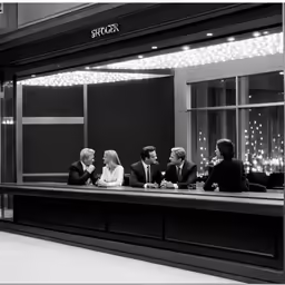 people sitting at tables with lights on in the window