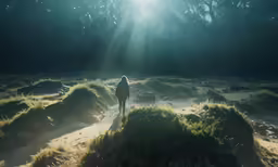 the person is walking on a sandy trail through a field