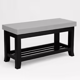 the bench in grey is sitting on the floor