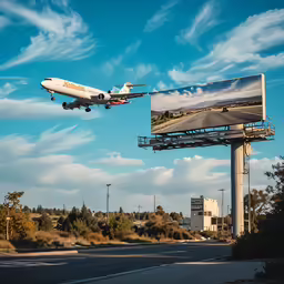 an airplane is flying above a billboard in the sky