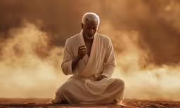 a man in white robes sitting down on top of sand