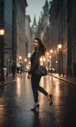 a woman in black high heeled shoes walking through the rain