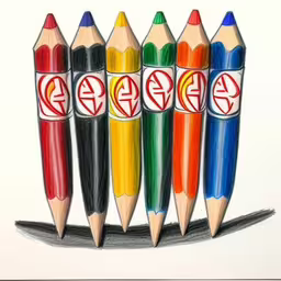 a drawing of four pencils with colored writing,a bunch of pencils with different colored shapes