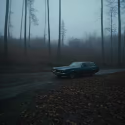 an old car on a road surrounded by trees