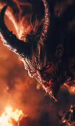 a devil is looking in the fire and flames