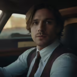 a close up of a person in a car