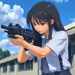 anime style girl in white shirt holding gun
