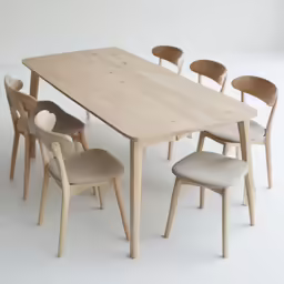 modern, minimal dining room table and chairs with natural wood finish