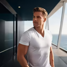 a man in white shirt standing in front of windows with ocean view