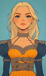 a girl with blonde hair and blue eyes in a yellow dress