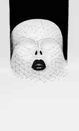 a white head with a black eye on a table